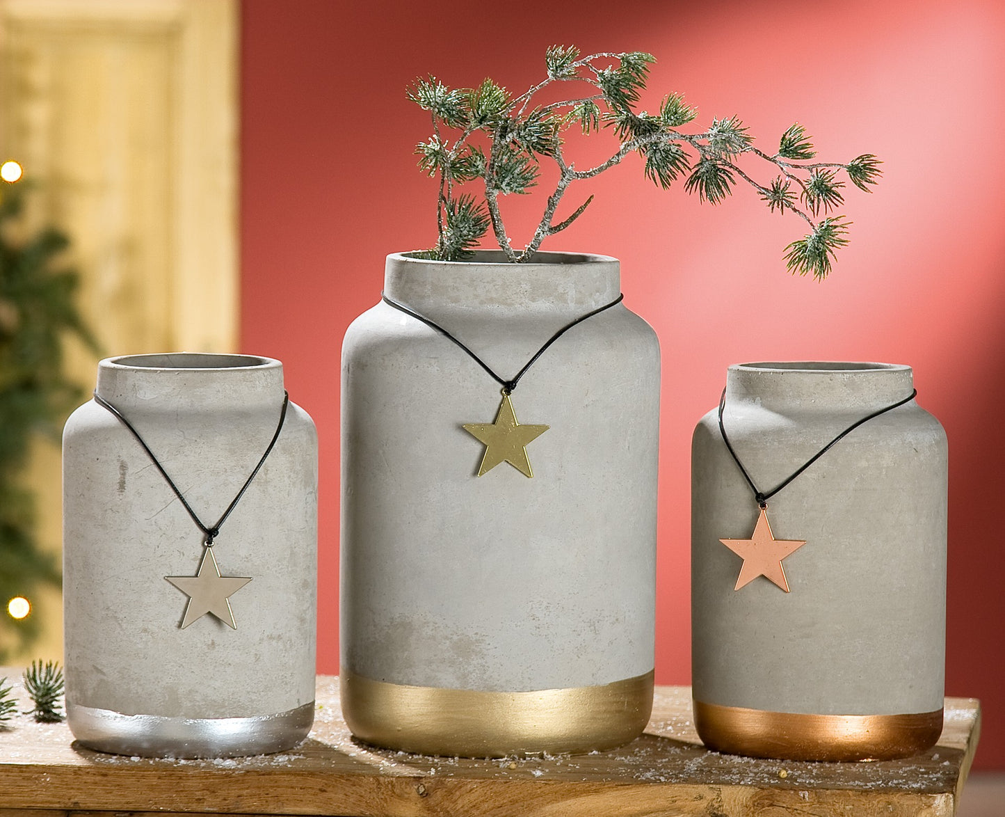 Vase Blumenvasem Zement Halsvasem mit Metallstern 3er Set - Gilde