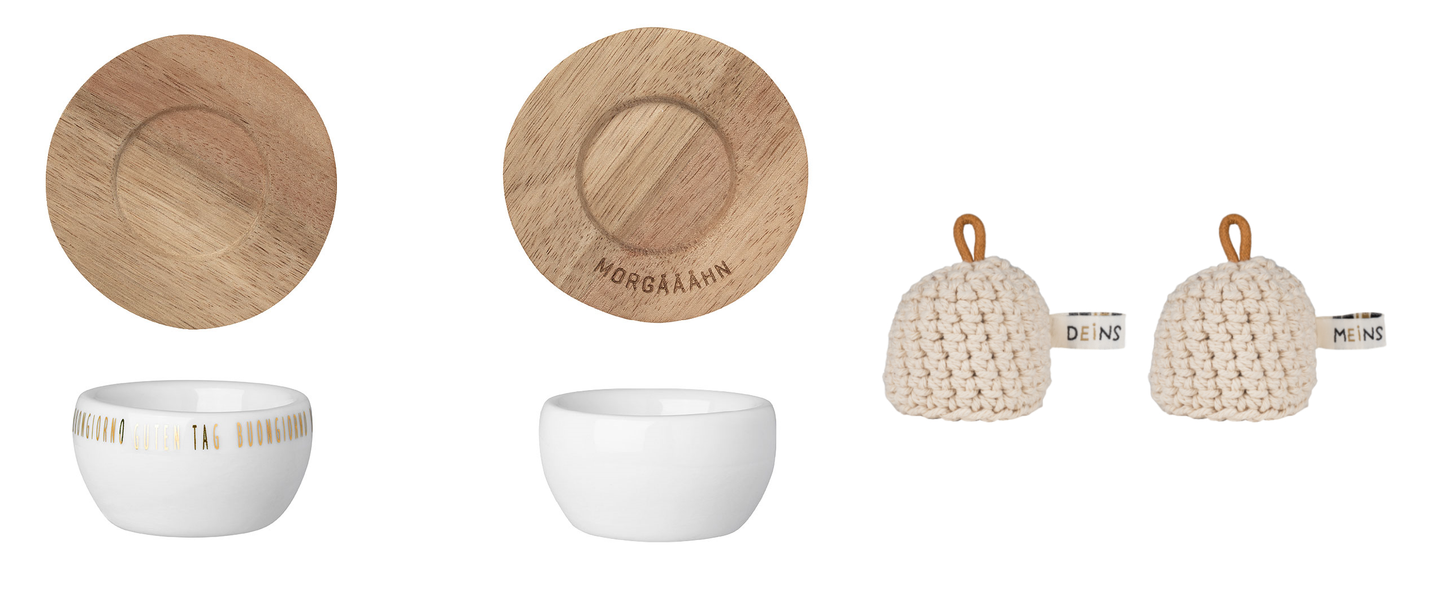 Eierbecher mit Unterteller 2er-Set mit 2 Mützen - Räder Design