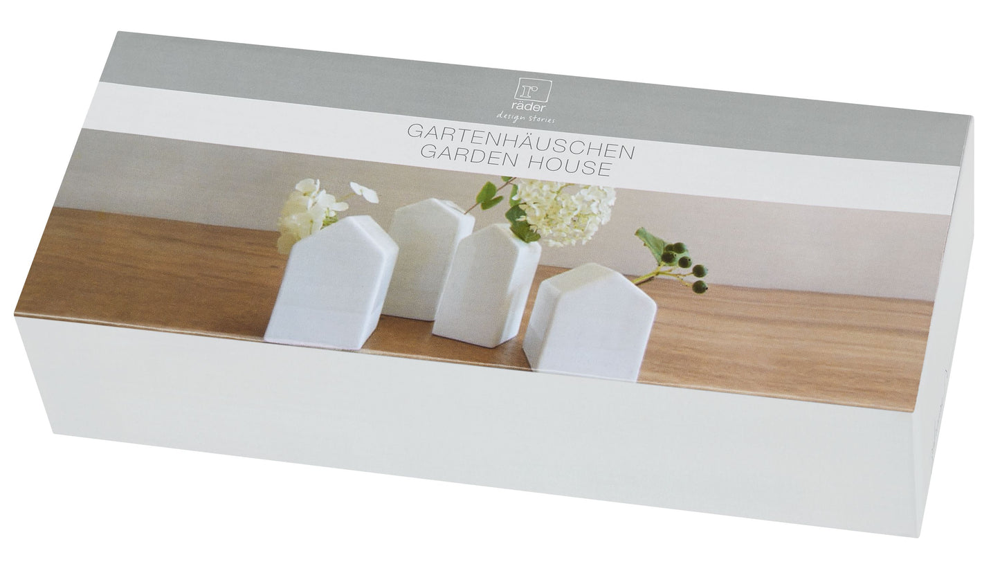 ZUHAUSE Vasen klein 4er-Set GARTENHÄUSCHEN Porzellan, Räder Design