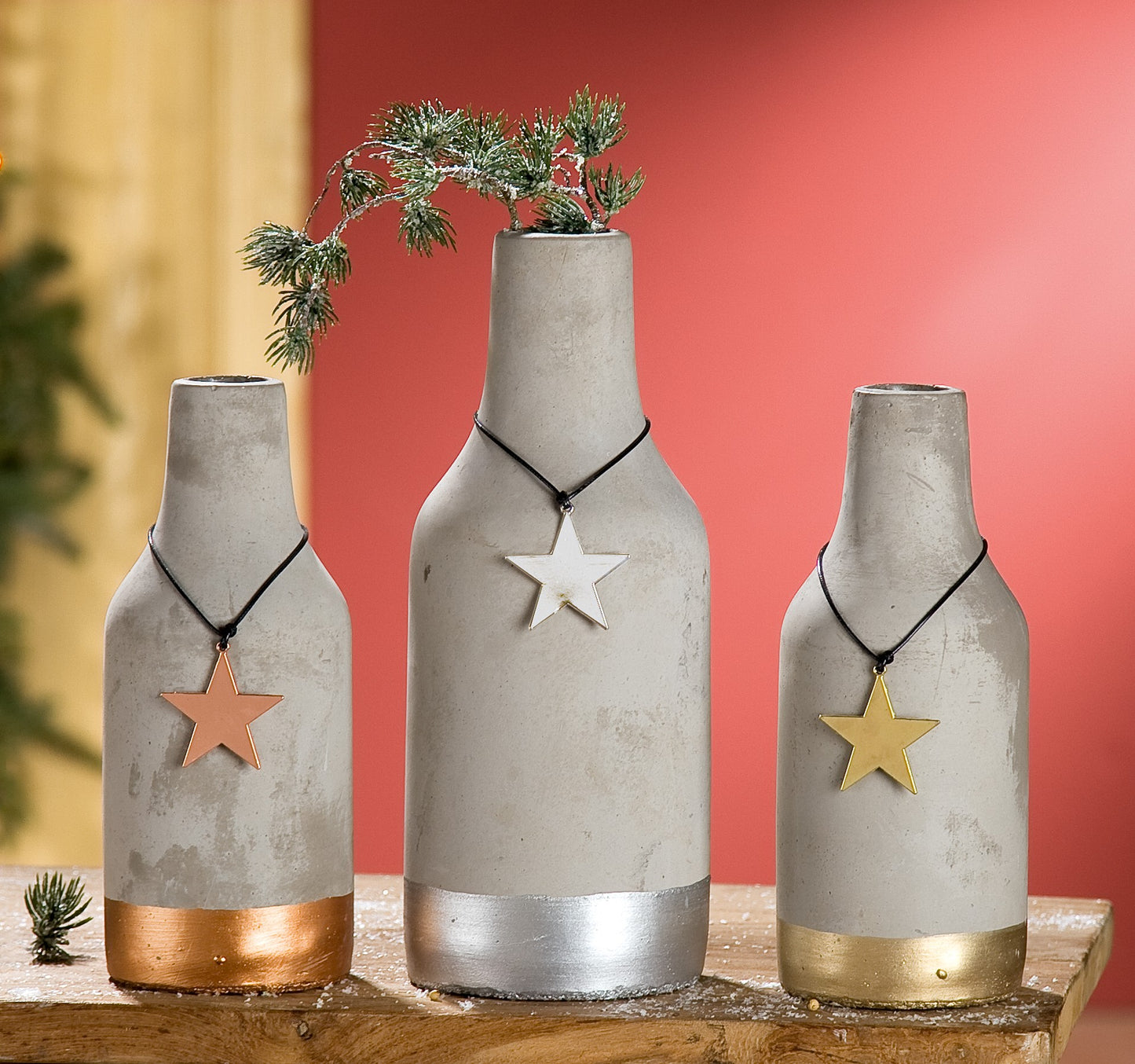Vase Blumenvase Zement Halsvase mit Metallstern 3er Set - Gilde