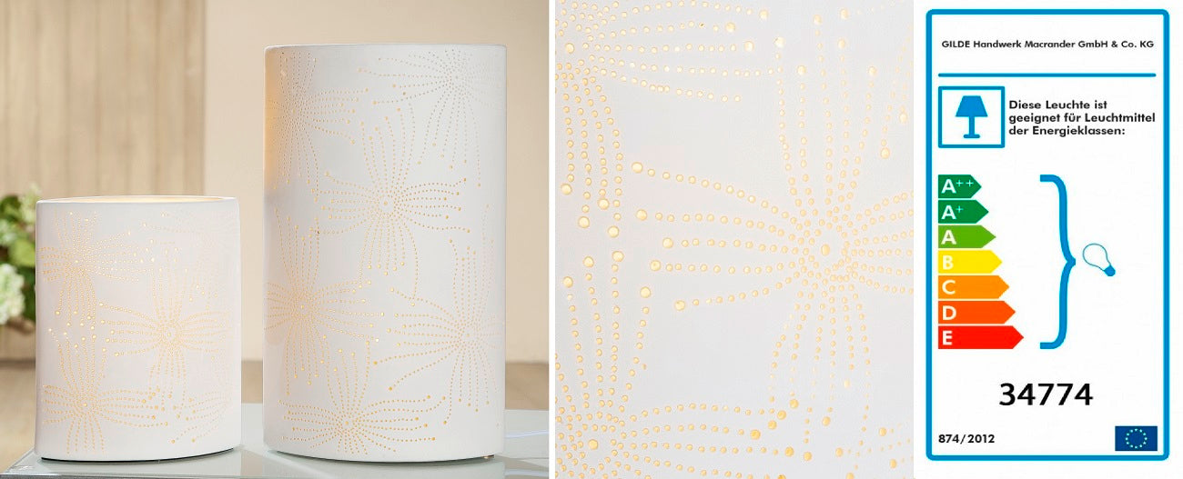 Porzellanlampe Elipse "Blume" klein oder groß E14 Fassung - Gilde
