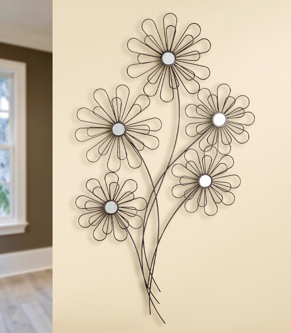 Wandrelief Wandbild "5 Blüten" Metall braun mit Spiegeln - Gilde Handwerk.