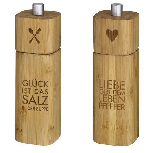 Salzmühle GLÜCK + Pfeffermühle LIEBE Set Bambus Räder