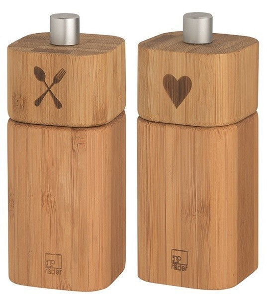 kleine Salzmühle BESTECK + kleine Pfeffermühle HERZ Set Bambus Räder