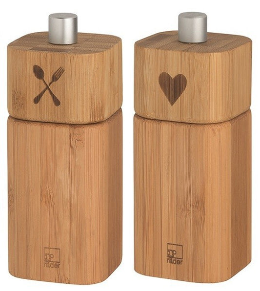 kleine Salzmühle BESTECK + kleine Pfeffermühle HERZ Set Bambus Räder