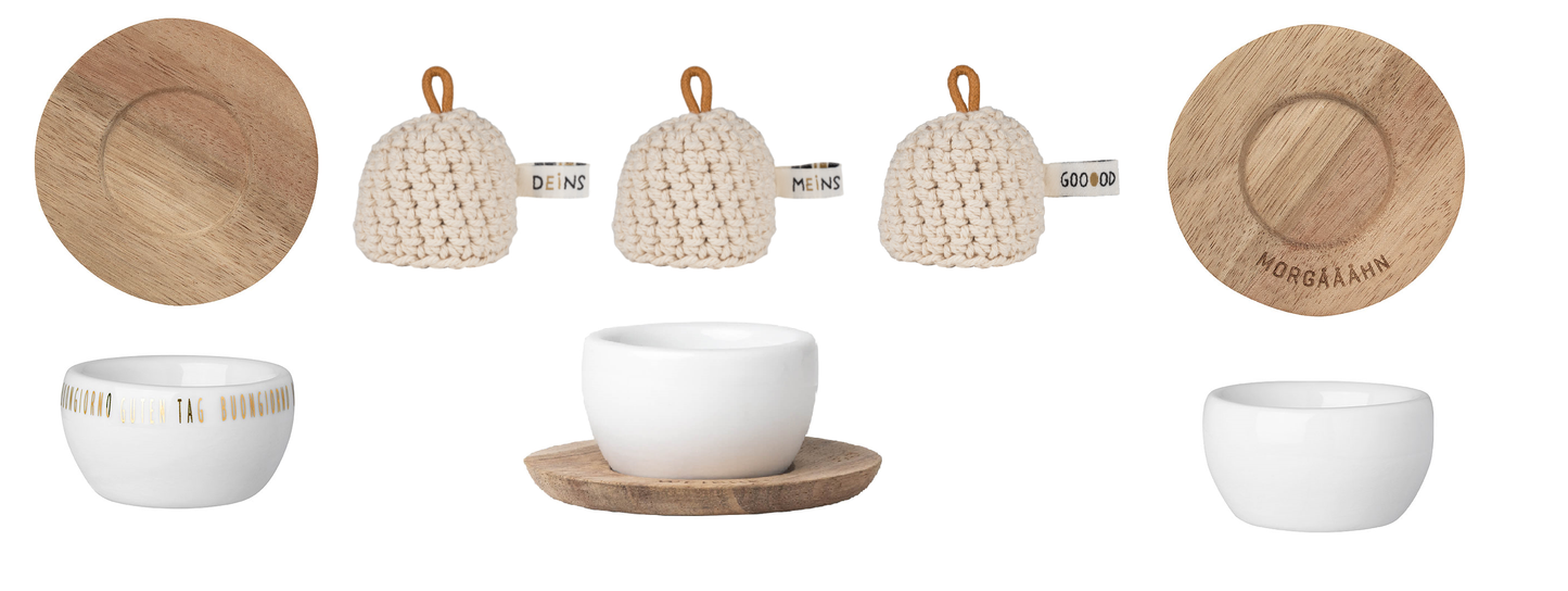 Eierbecher mit Unterteller 3er-Set mit 3 Mützen - Räder Design
