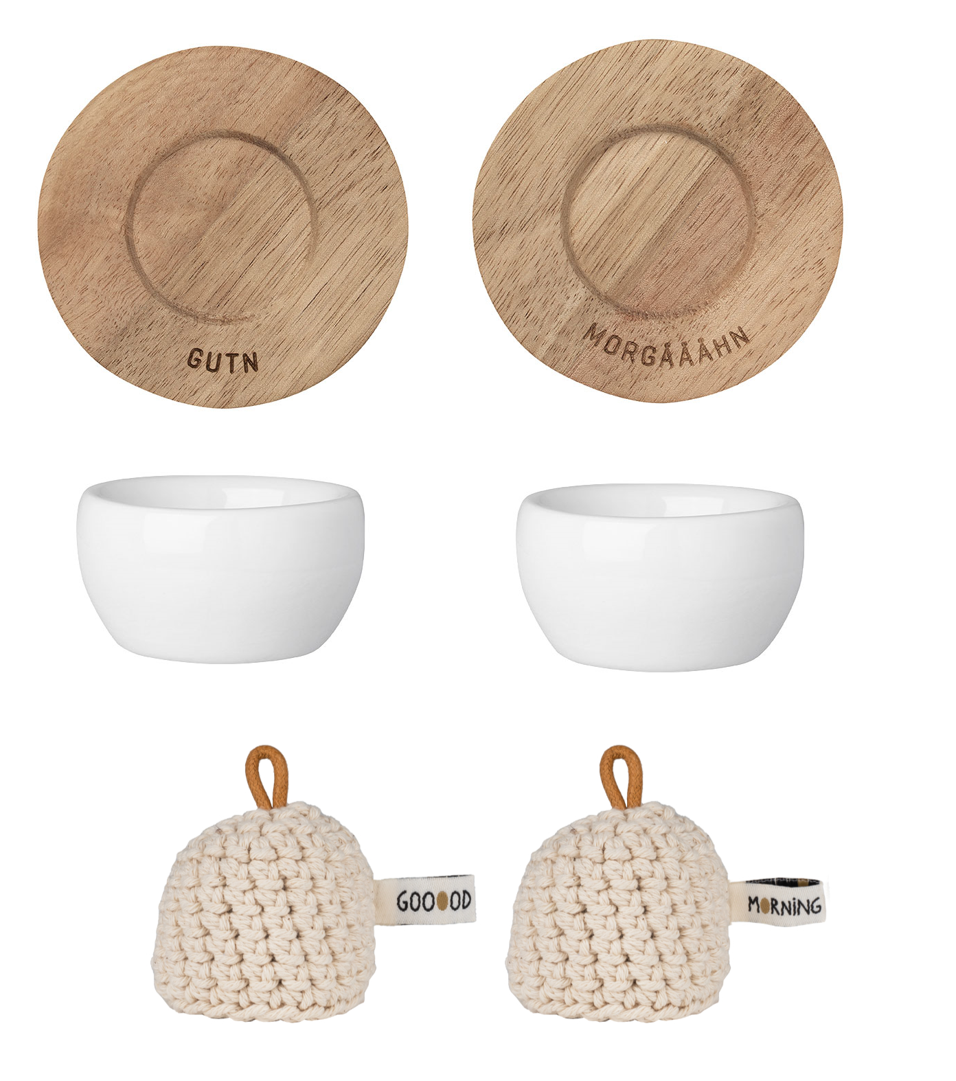 Eierbecher 2er-Set mit Unterteller und Mützen Porzellan - Räder Design..