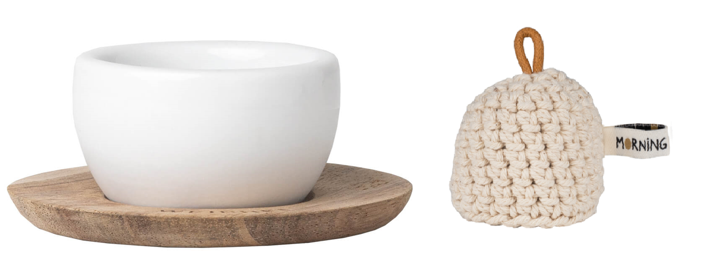 Eierbecher mit Untersetzer und Eierwärmer "Weichei"- Räder Design