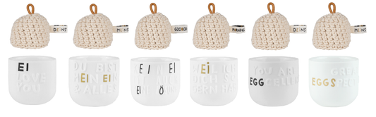 Eierbecher 6er-Set mit unterschiedlichen Motiven und 6 Mützen - Räder Design