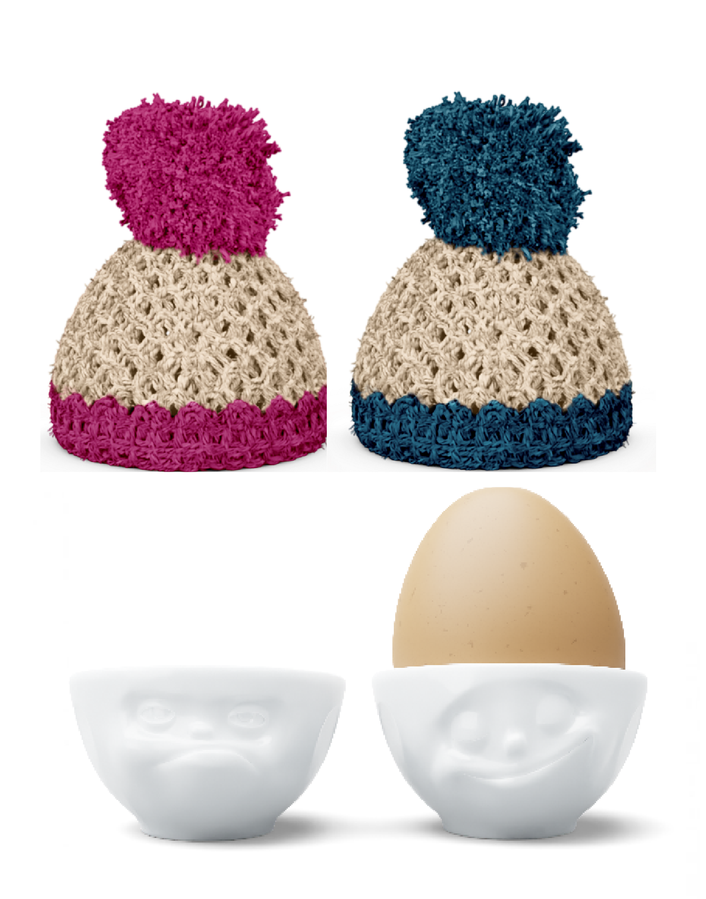 Eierbecher Porzellan 2er Set GLÜCKLICH & HMPFF! mit 2 Mützen - Fiftyeight Products