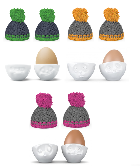 Eierbecher 6er Set mit verschiedenen Gesichtern und 6 Mützen - Fiftyeight Products