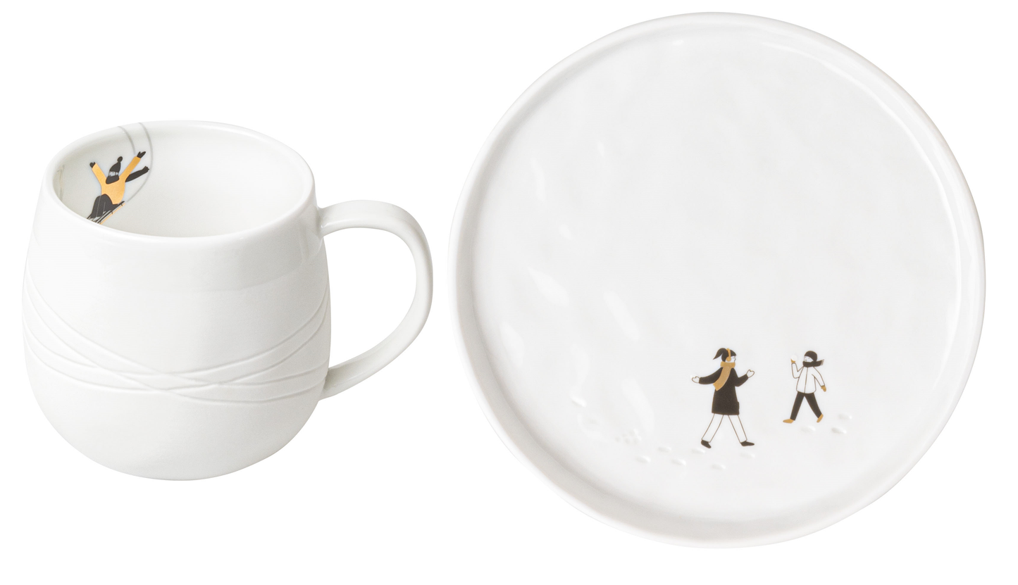 2er Set Geschenktasse und Teller "Schlittenfahren+Schneeballschlacht" - Räder Design