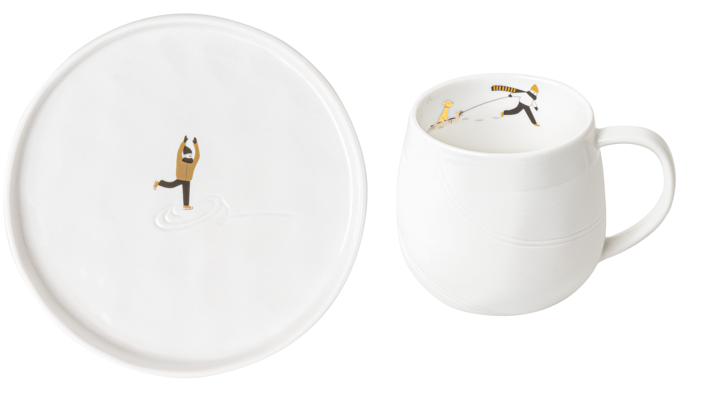 2er Set Geschenkteller und Tasse "Eislaufen+Hundeschlitten" - Räder Design.