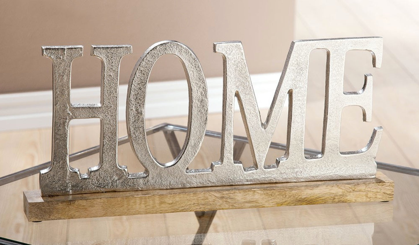 Deko ALU SCHRIFTZUG HOME auf Holzbase silber, Mangoholz
