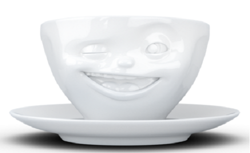 Große Tasse mit Unterteller "zwinkernd" Porzellan weiß - Fiftyeight Products