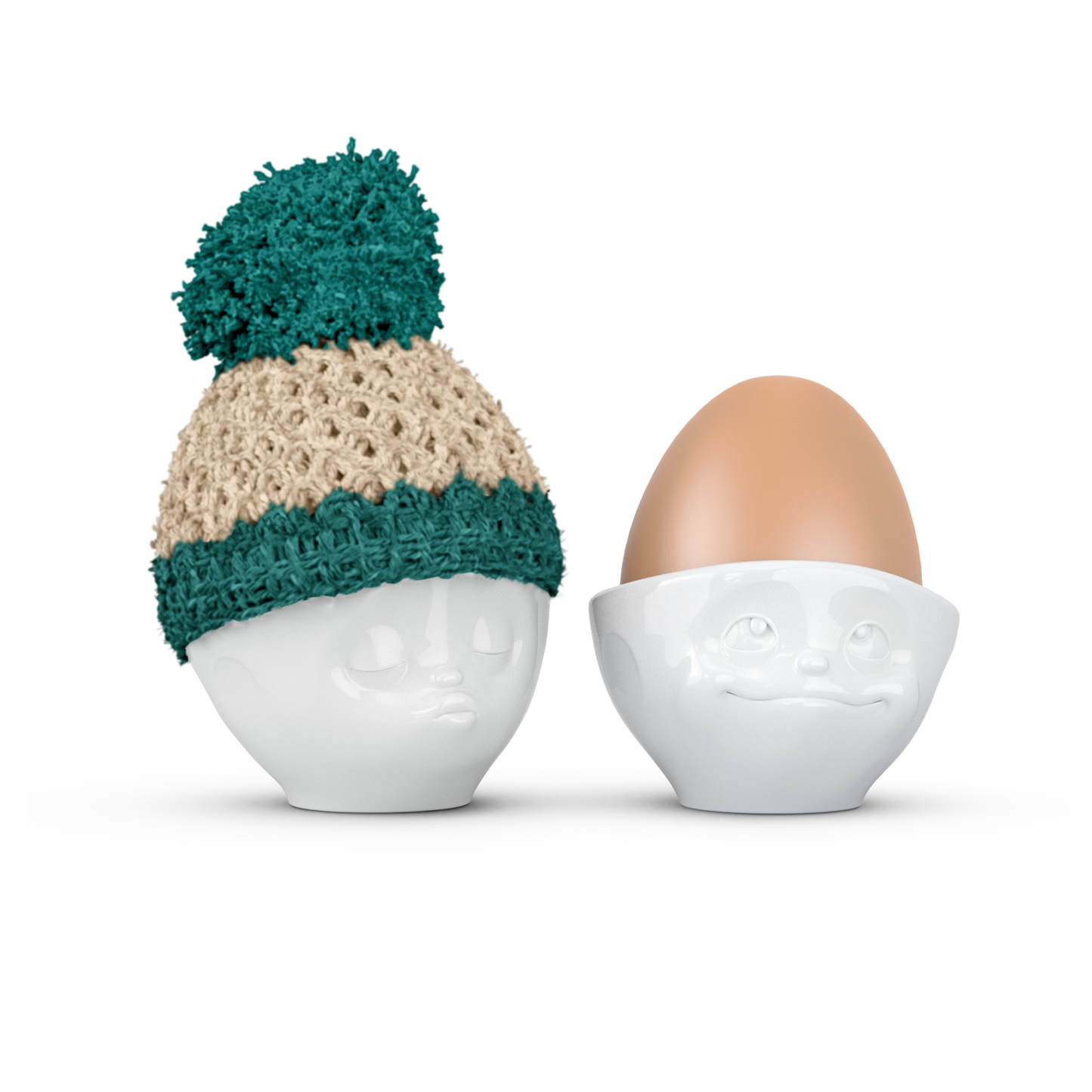 Eierbecher Porzellan 2er Set KÜSSEND, VERTRÄUMT mit 2 Mützen - Fiftyeight Products