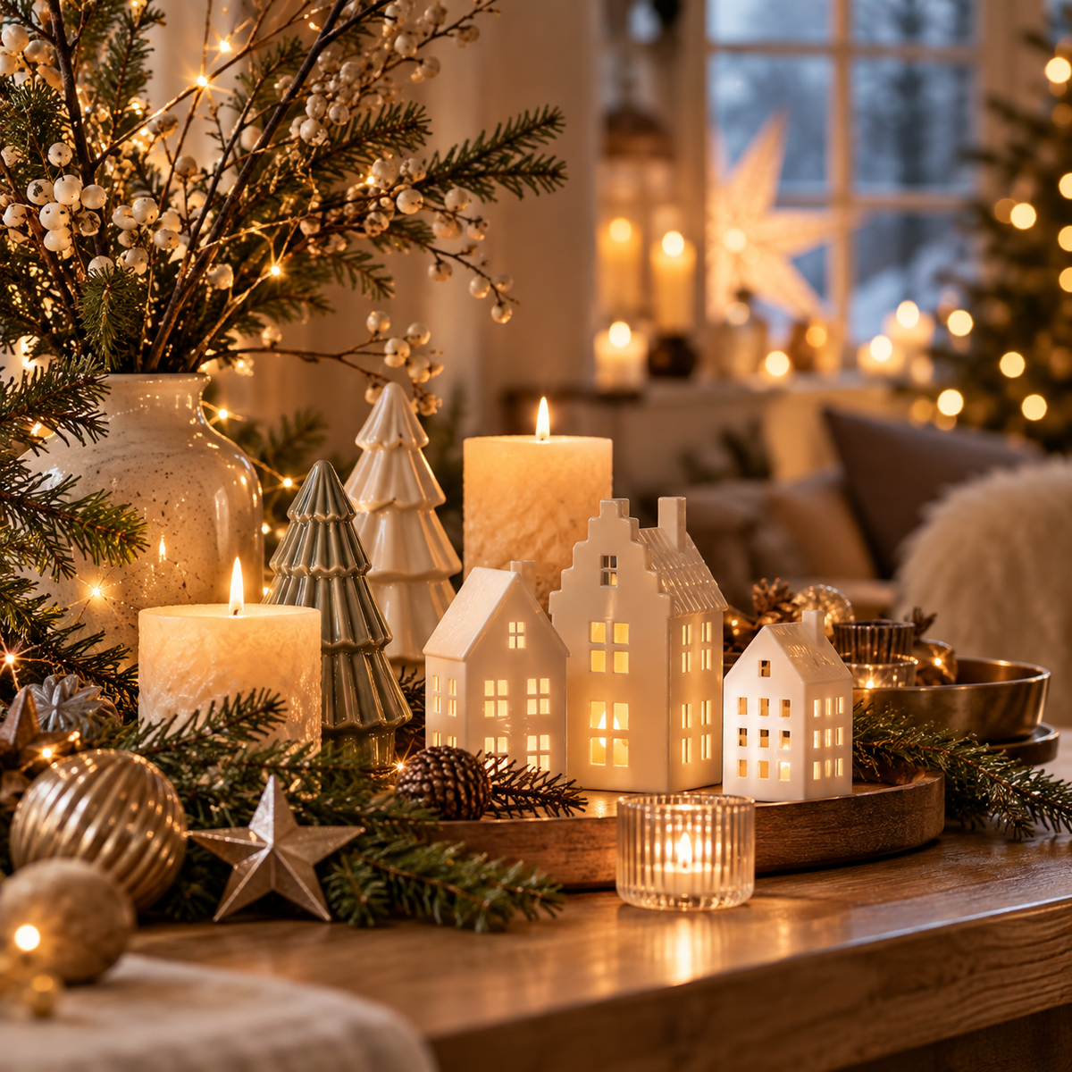 Weihnachtliche Porzellanlichter – KI-gestaltetes Inspirationsbild
